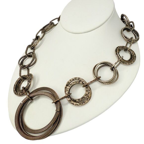 Silver Tone Circle Statement Necklace 26" Gunmetal Chain Link Boho Heavy - Picture 3 of 10